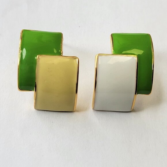 Small Mini Earrings in Green, Cream and White Enamel - Picture 1 of 8
